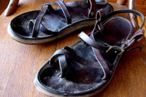These sandals, which are still being worn today, were handcrafted 35 years ago. This is just one example of the quality of product that is made at the Christian Workshop. It's an example of how we make durable products that last for decades, creating a healthier environment.